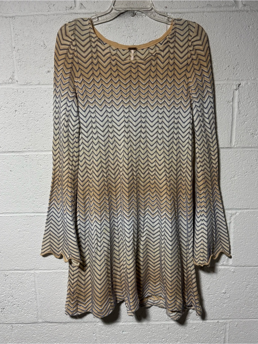 Free People Bella Jumper Long Bell Sleeve Dress Zigzag Stripe Boho Festival - Picture 3 of 9
